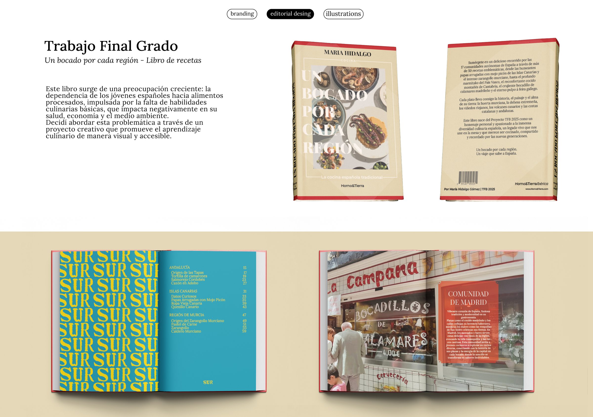 Tablero de presentación del Trabajo Final de Grado 'Un bocado por cada región', con la portada del libro y varias dobles páginas.
