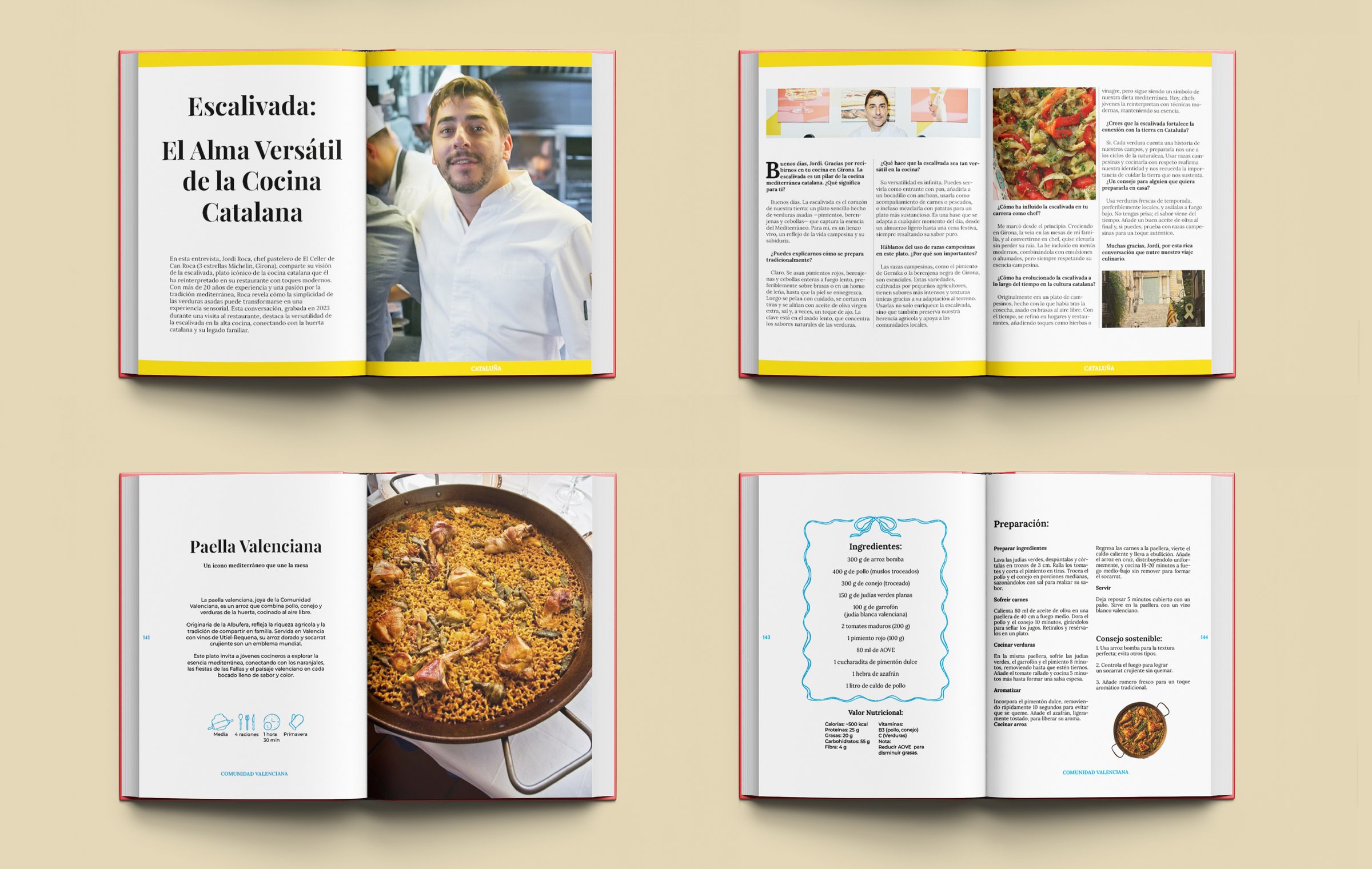 Dobles páginas del libro abiertas: la receta de escalivada y la de paella valenciana, con fotografía y texto a dos columnas.