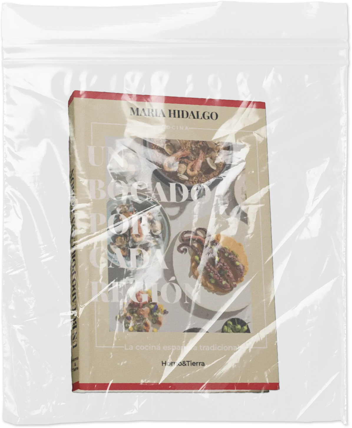 Bolsa de packaging del proyecto de frente, con la etiqueta beige y las fotografías de los platos.