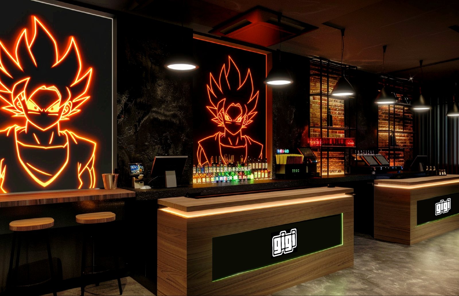 Render de la barra de Gigi Game House con dos personajes de anime en neón naranja.