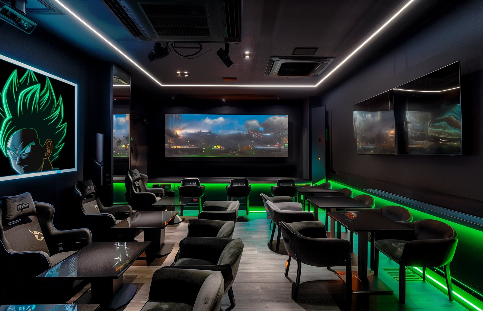 Render de la zona de mesas de Gigi Game House con luz verde bajo los sofás y pantallas en la pared.