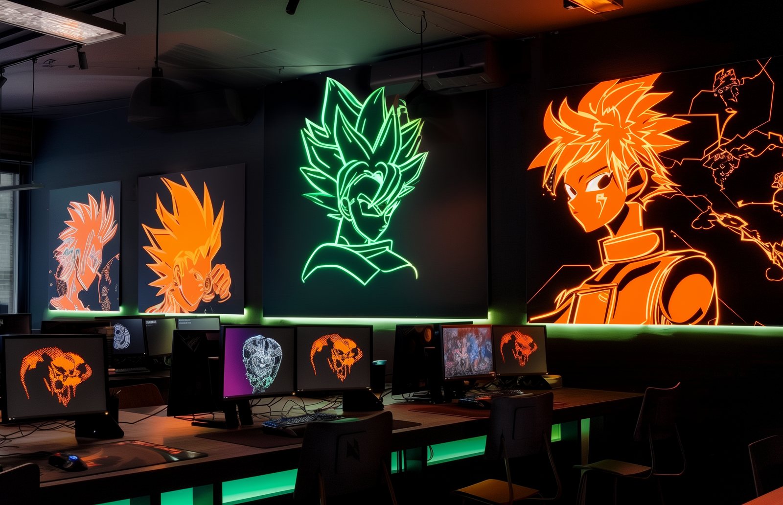 Render de los puestos de juego de Gigi Game House con murales de neón naranja y verde.