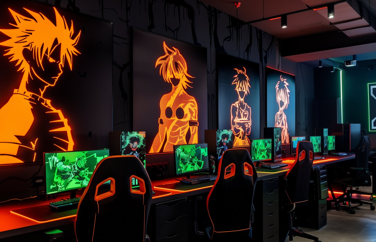 Render de la sala de ordenadores de Gigi Game House con sillas gaming y murales de neón naranja.