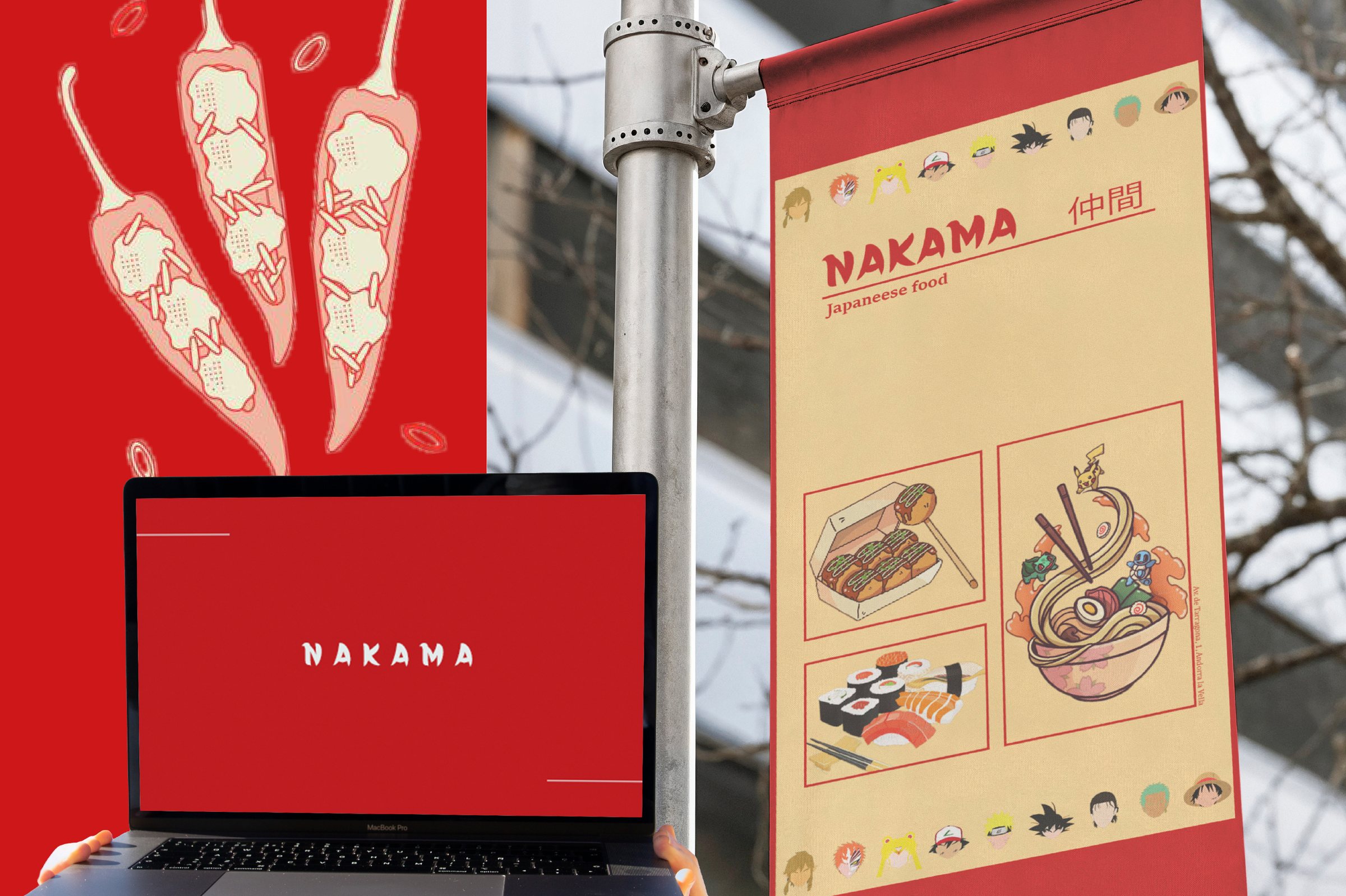 Cartel vertical de Nakama en exterior, con ilustraciones de guindillas sobre fondo rojo, junto a un portátil que muestra la web.