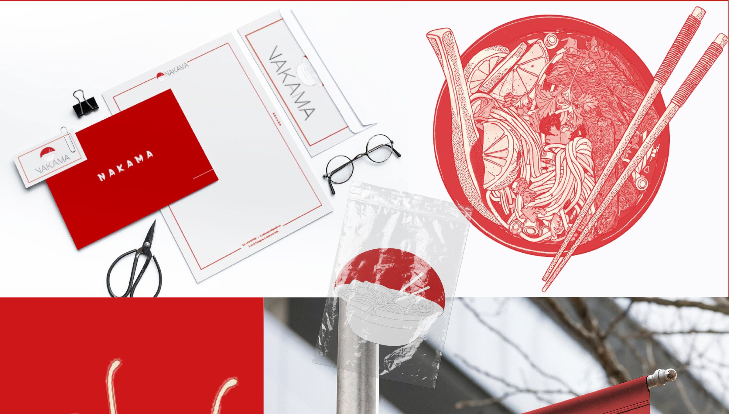 Papelería de Nakama: tarjetas de visita, bolsa roja, palillos y la ilustración del bol de ramen.