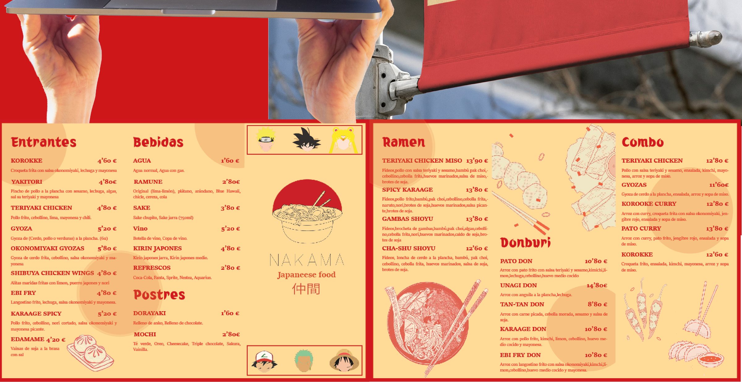 Las dos cartas de Nakama desplegadas, con las secciones de entrantes, bebidas, ramen y postres.