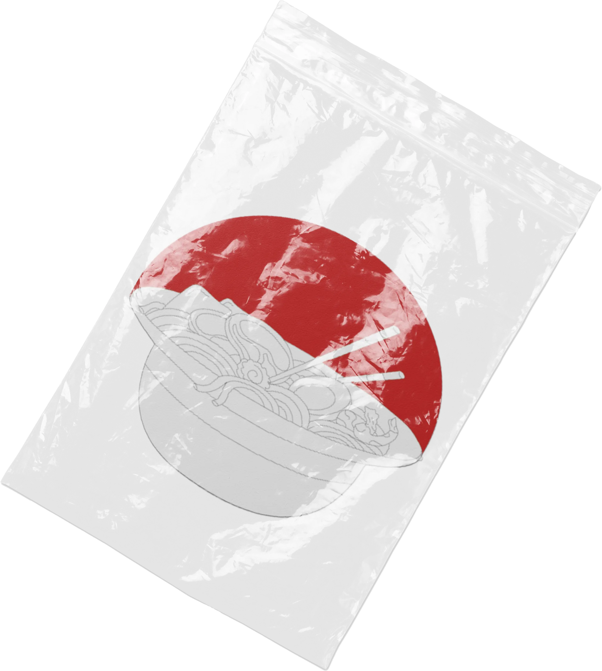 Bolsa de packaging de Nakama inclinada, con el círculo rojo y el bol de ramen serigrafiados.