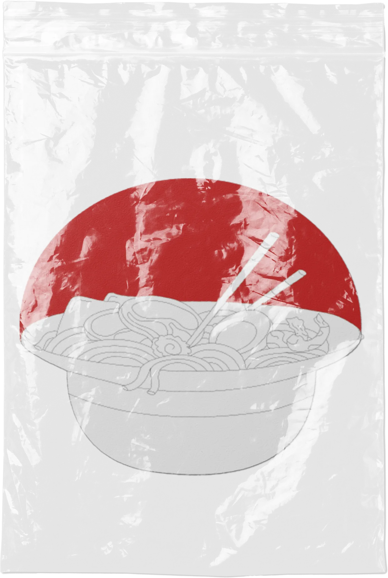 Bolsa de packaging de Nakama de frente, con el círculo rojo y el bol de ramen serigrafiados.